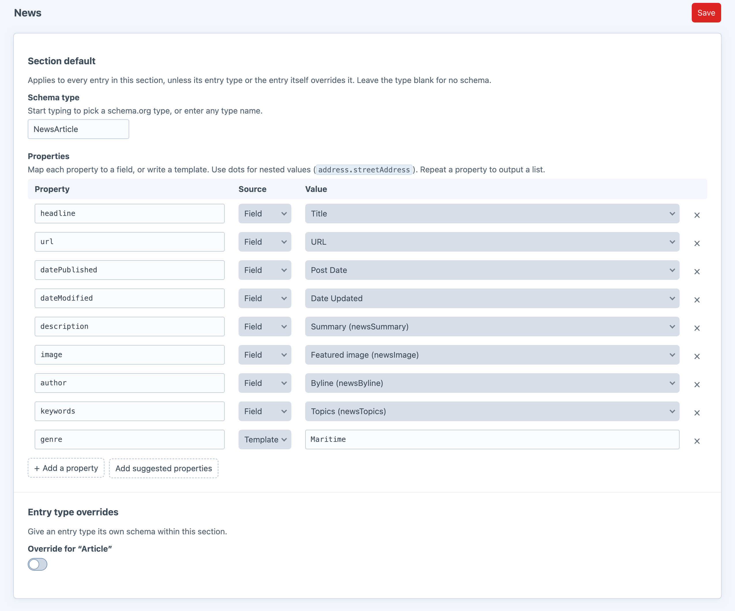 Schemy's section screen in the Craft control panel, mapping NewsArticle properties such as headline, datePublished, image and author to the section's fields, with an entry type override switch below