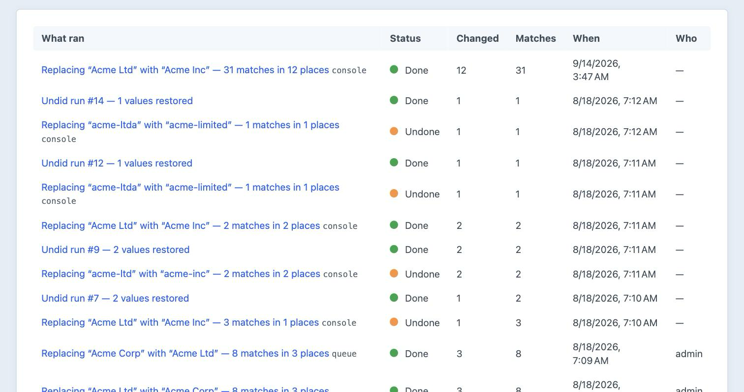 The Scrub history listing every replacement and undo with its status, the number of places changed, the number of matches, when it ran and whether it came from the console or the queue