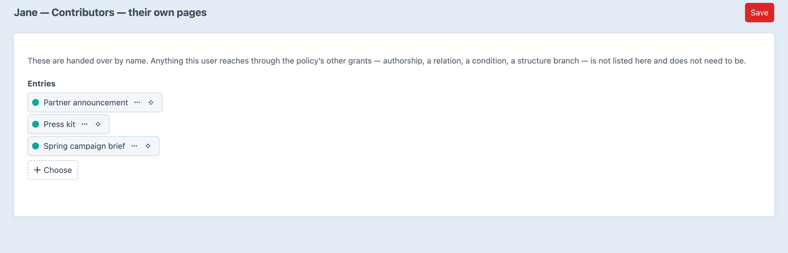 The Seclude assignment editor, with entries hand-picked for one user under a policy