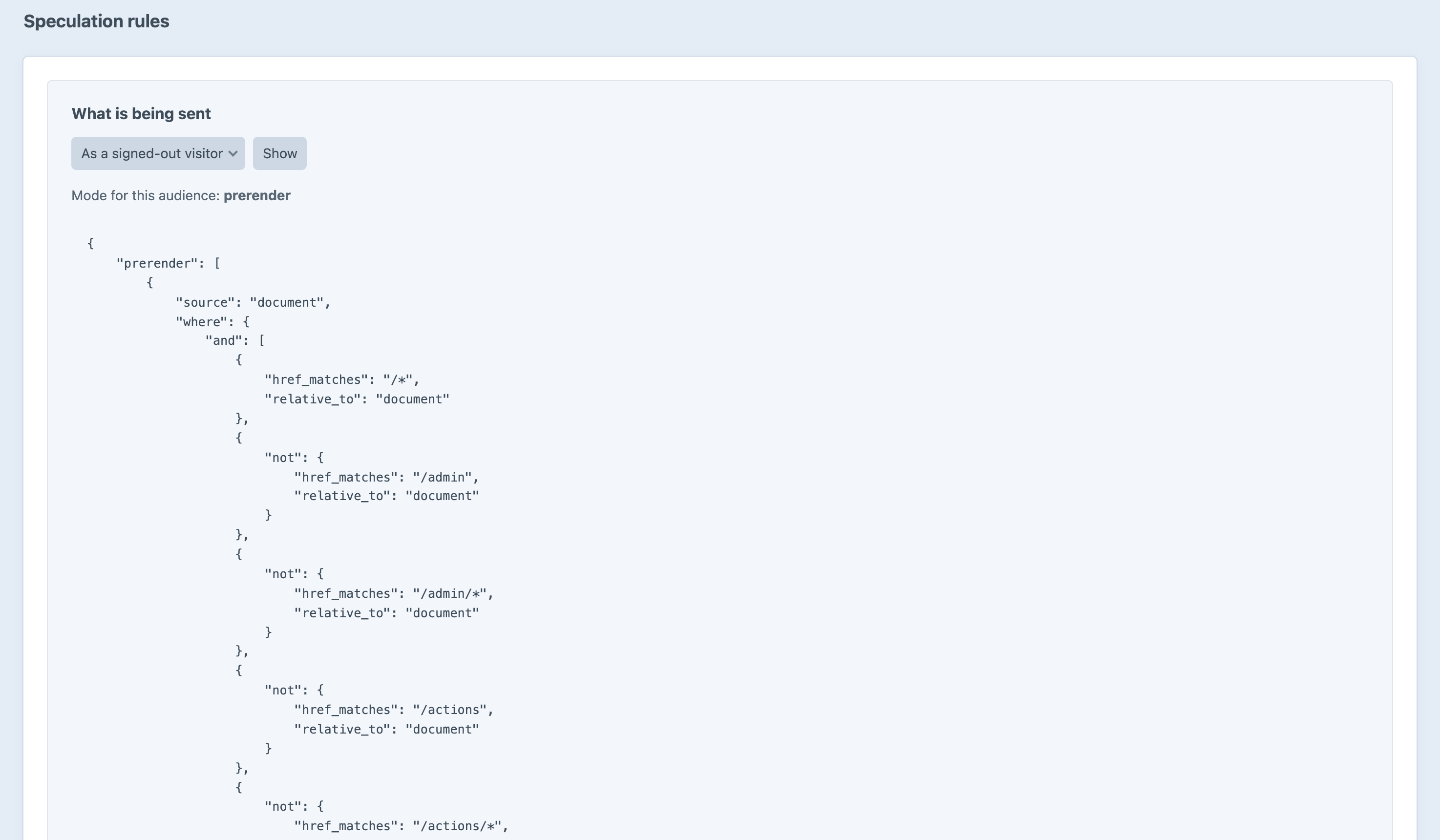 The Speculatr rules screen in the Craft control panel, showing the generated speculation-rules JSON for a signed-out visitor with its prerender source, href_matches patterns and the control-panel exclusions read out of Craft's own config