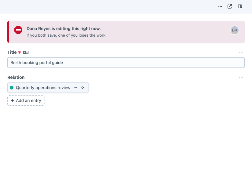 The entries index with an entry open in a slideout editor, showing the same red Stop Sign banner naming Dana Reyes at the top of the slideout
