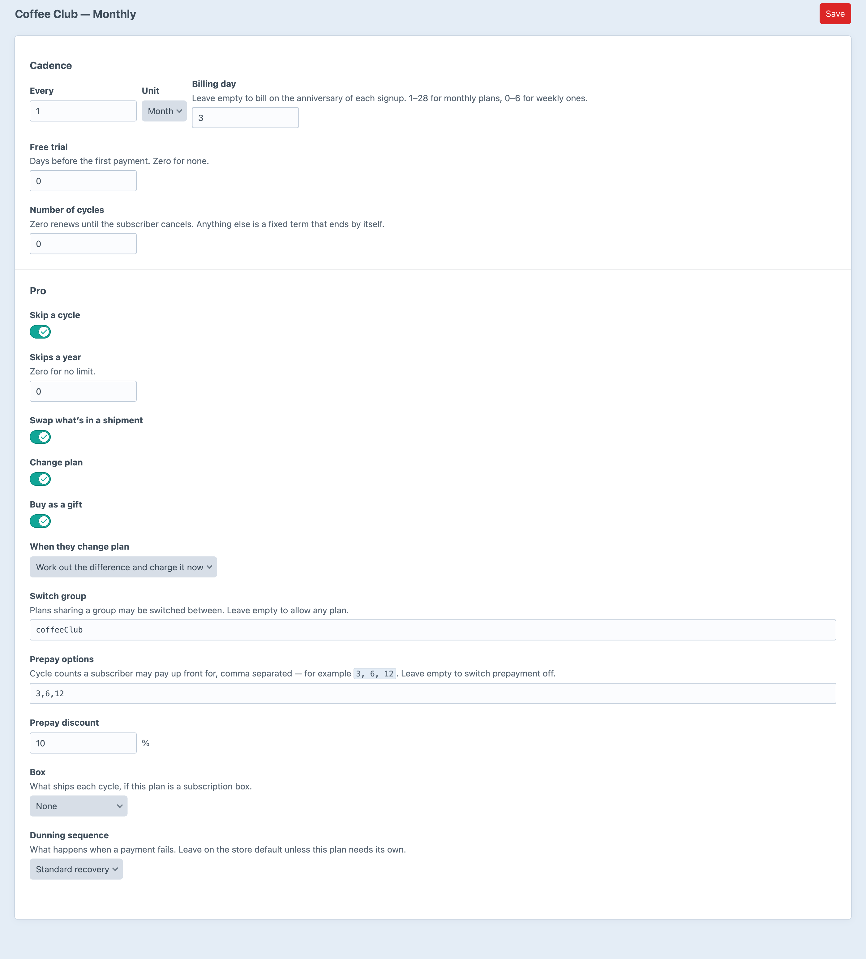 The Subscribr plan edit screen showing the cadence controls and the Pro options for skip, swap, plan switching, gifting, prepayment, the box and the dunning sequence