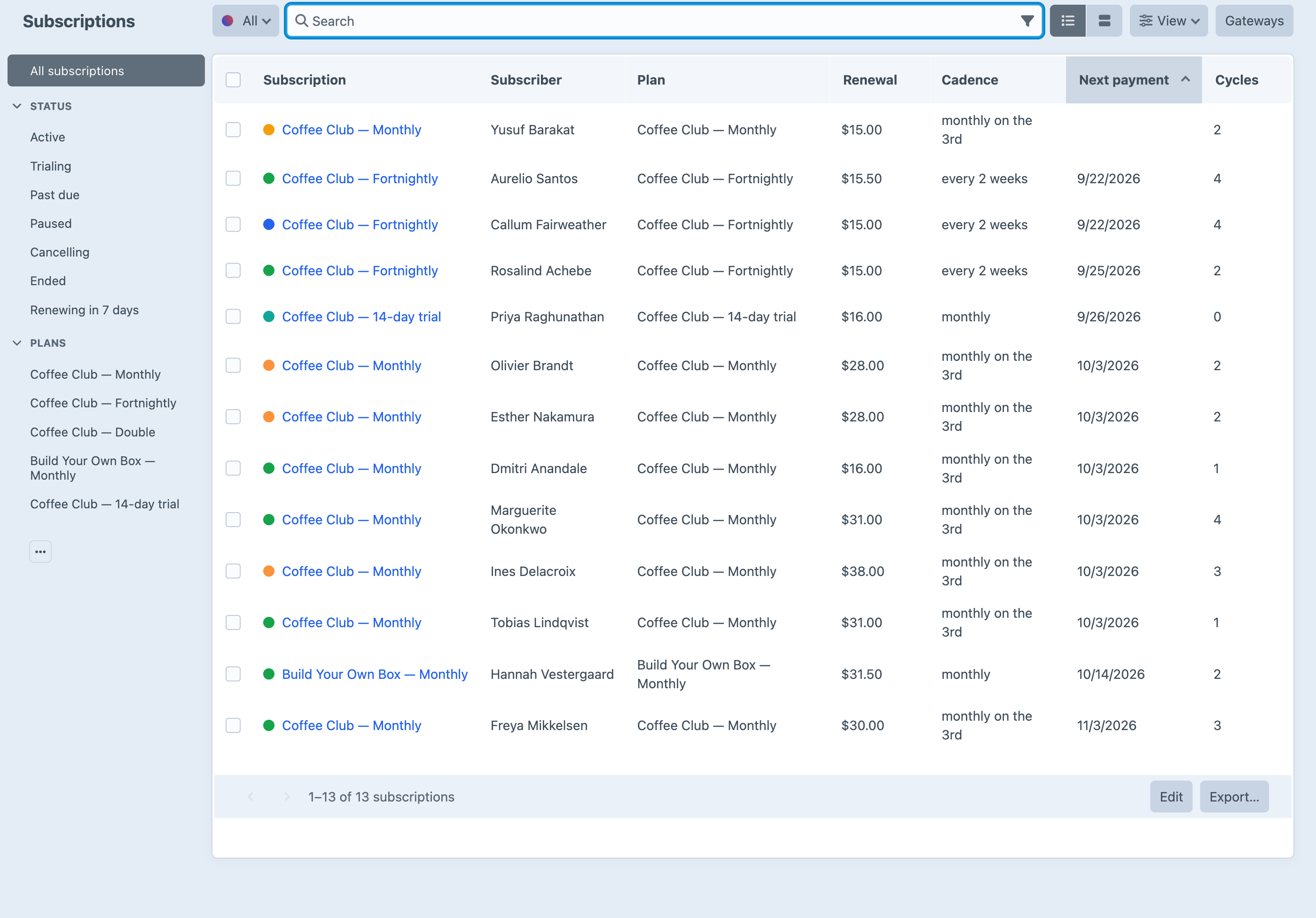 The Subscribr subscriptions index listing thirteen subscriptions with their status, subscriber, plan, renewal price, cadence, next payment date and cycles billed