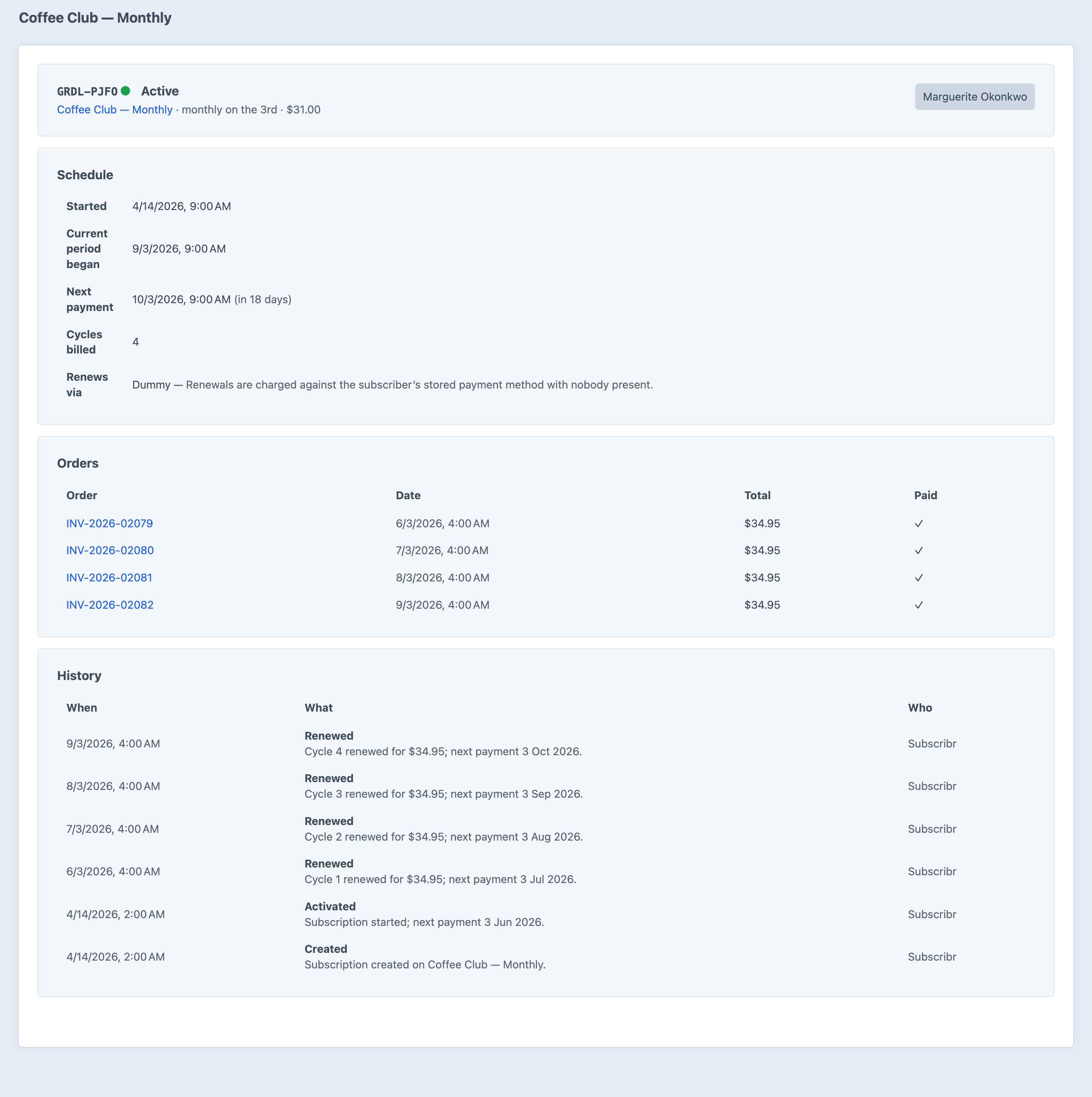 A Subscribr subscription showing its schedule, the four real Craft Commerce orders its renewals raised, and the event ledger behind them