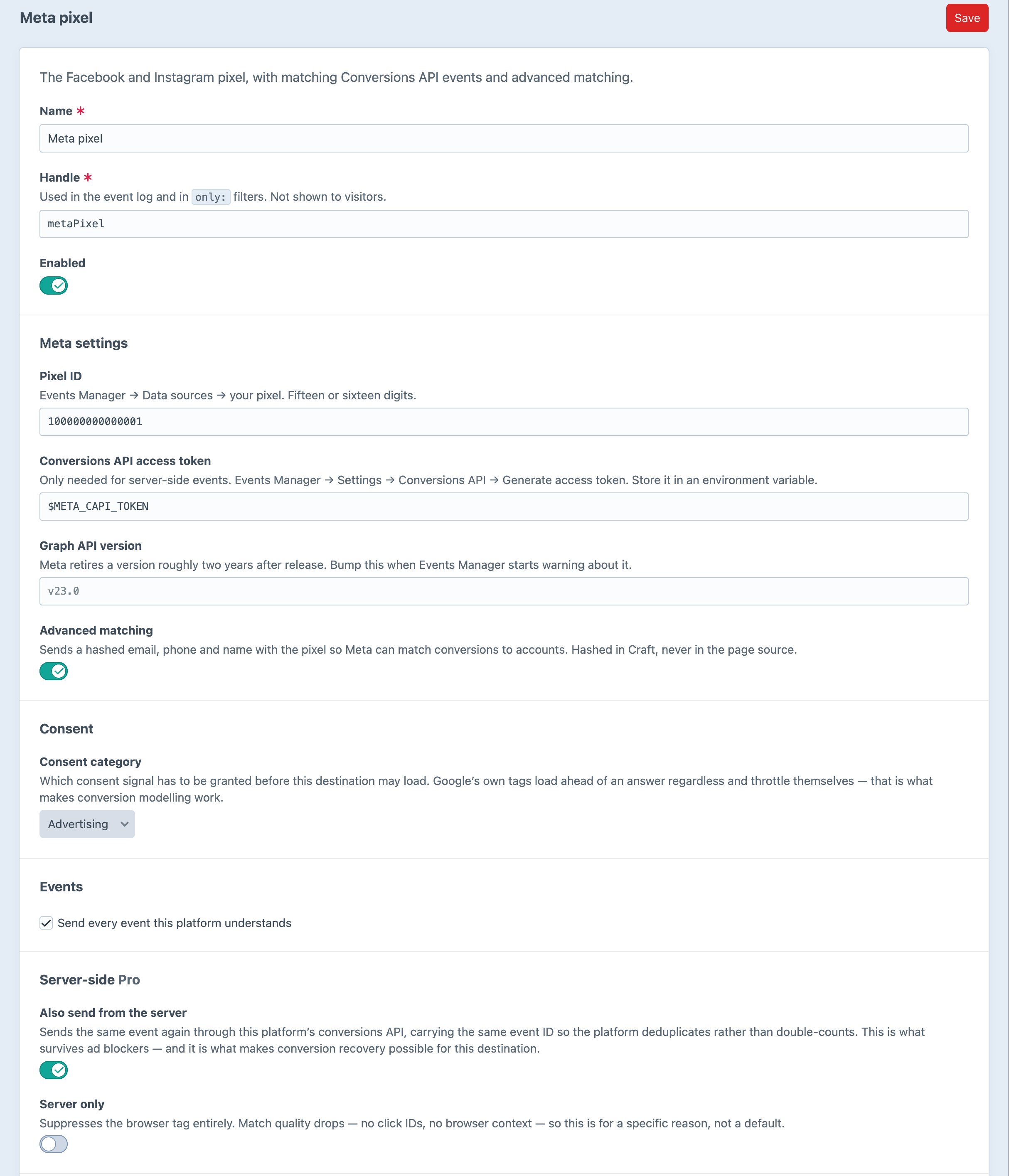 Editing a Meta destination in Tape: pixel ID, Conversions API access token read from an environment variable, advanced matching, the Advertising consent category, and the server-side switch that sends the same event with the same event ID.