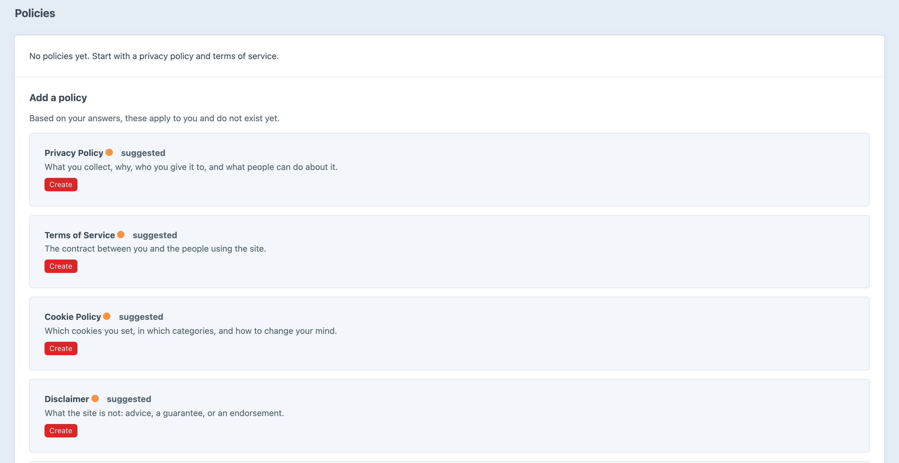 The Toss policies screen suggesting the four policies this site needs — privacy policy, terms of service, cookie policy and disclaimer — each with a one-line explanation of what it covers