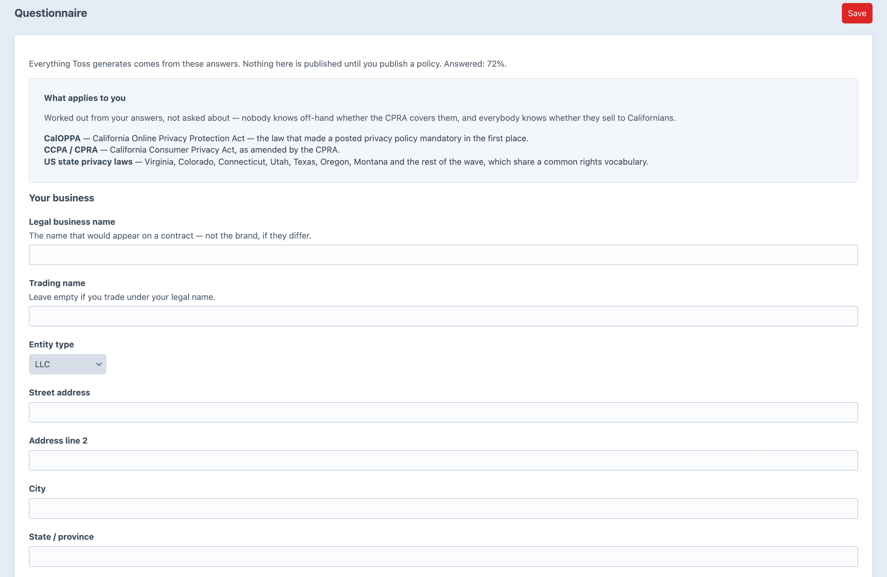The Toss questionnaire in the Craft control panel: a panel explaining which privacy laws apply based on the answers so far, then fields for the legal business name, trading name, entity type and address