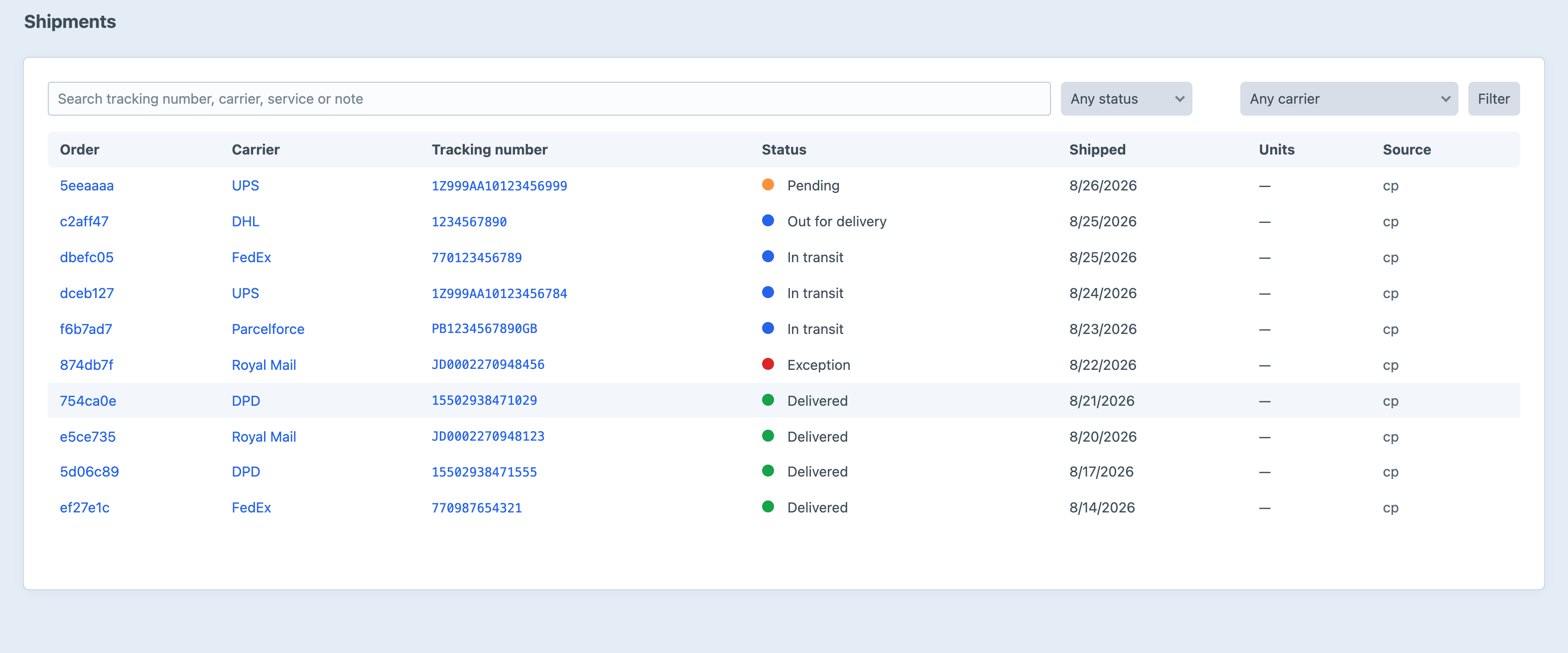 The Trackr shipments screen in the Craft control panel listing ten shipments against real orders across Royal Mail, DPD, UPS, FedEx, DHL and Parcelforce, each with its tracking number, status — delivered, in transit, out for delivery, exception and pending — ship date and source