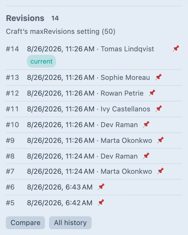 The Visorr panel in a Craft entry's sidebar, listing six revisions with their timestamps, the current one badged, a pin on each, a note of Craft's maxRevisions setting, and Compare and All history buttons