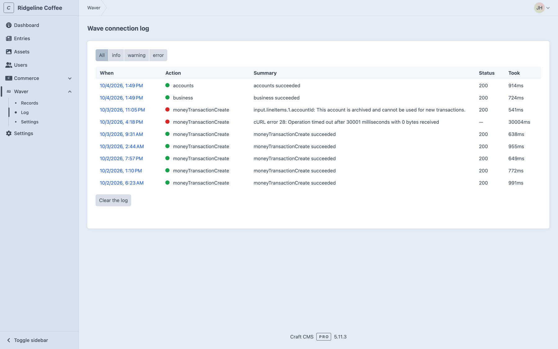 The Wave connection log showing successful calls, a timed-out moneyTransactionCreate, and a refused one logged as an error with Wave's reason even though Wave answered with HTTP 200