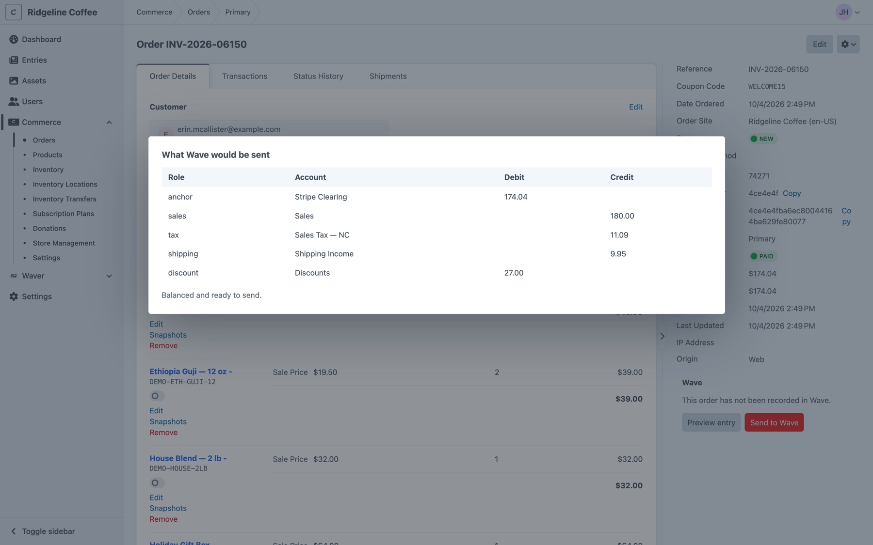 The Preview entry dialog on a Commerce order, showing what Wave would be sent: a 174.04 anchor to Stripe Clearing, credits to Sales, Sales Tax and Shipping Income, a 27.00 debit to Discounts, and the note Balanced and ready to send
