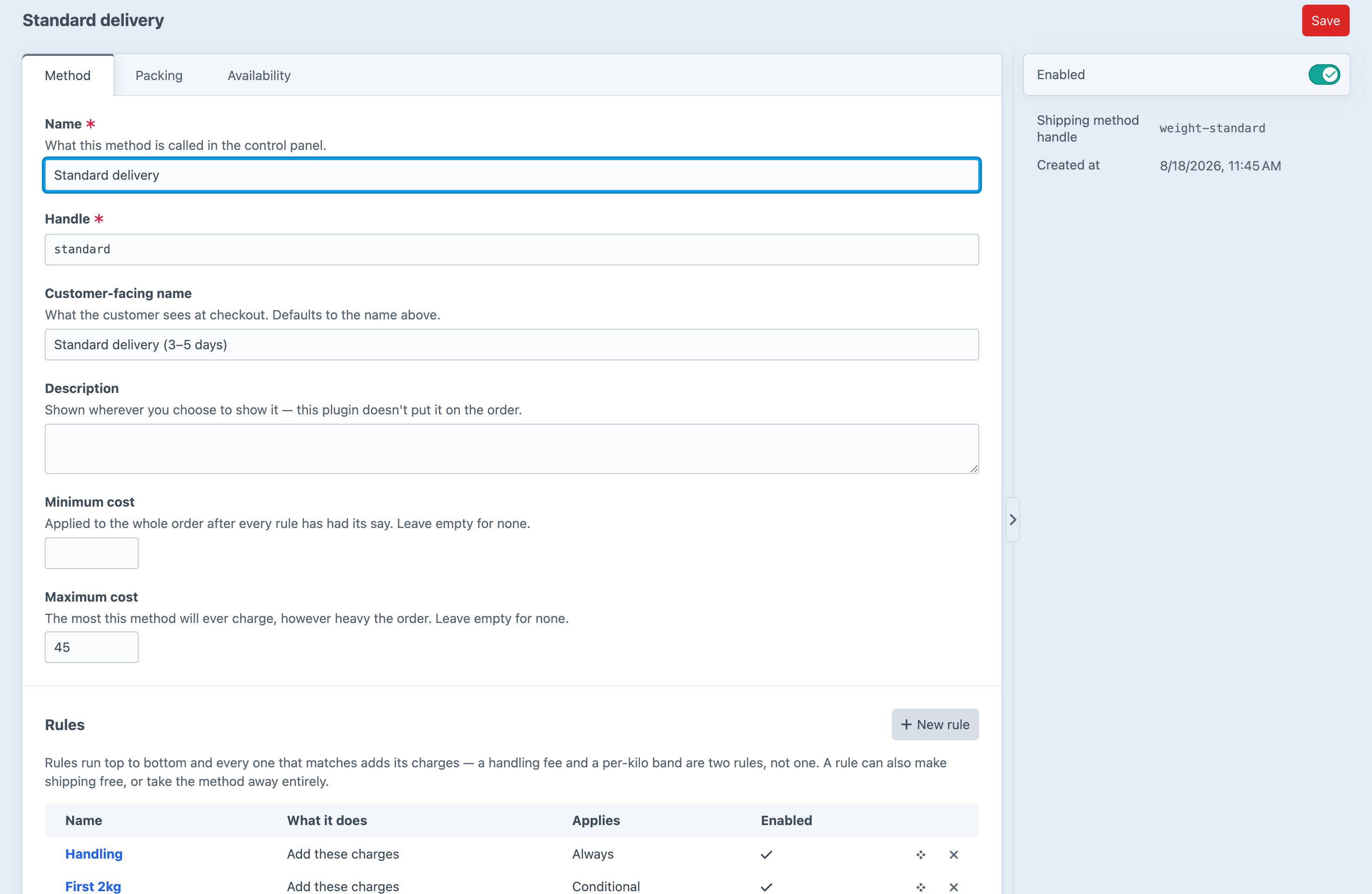 A weight-based shipping method open for editing, showing its customer-facing name, minimum and maximum cost, and the ladder of rules underneath — a handling fee that always applies and weight bands that apply conditionally