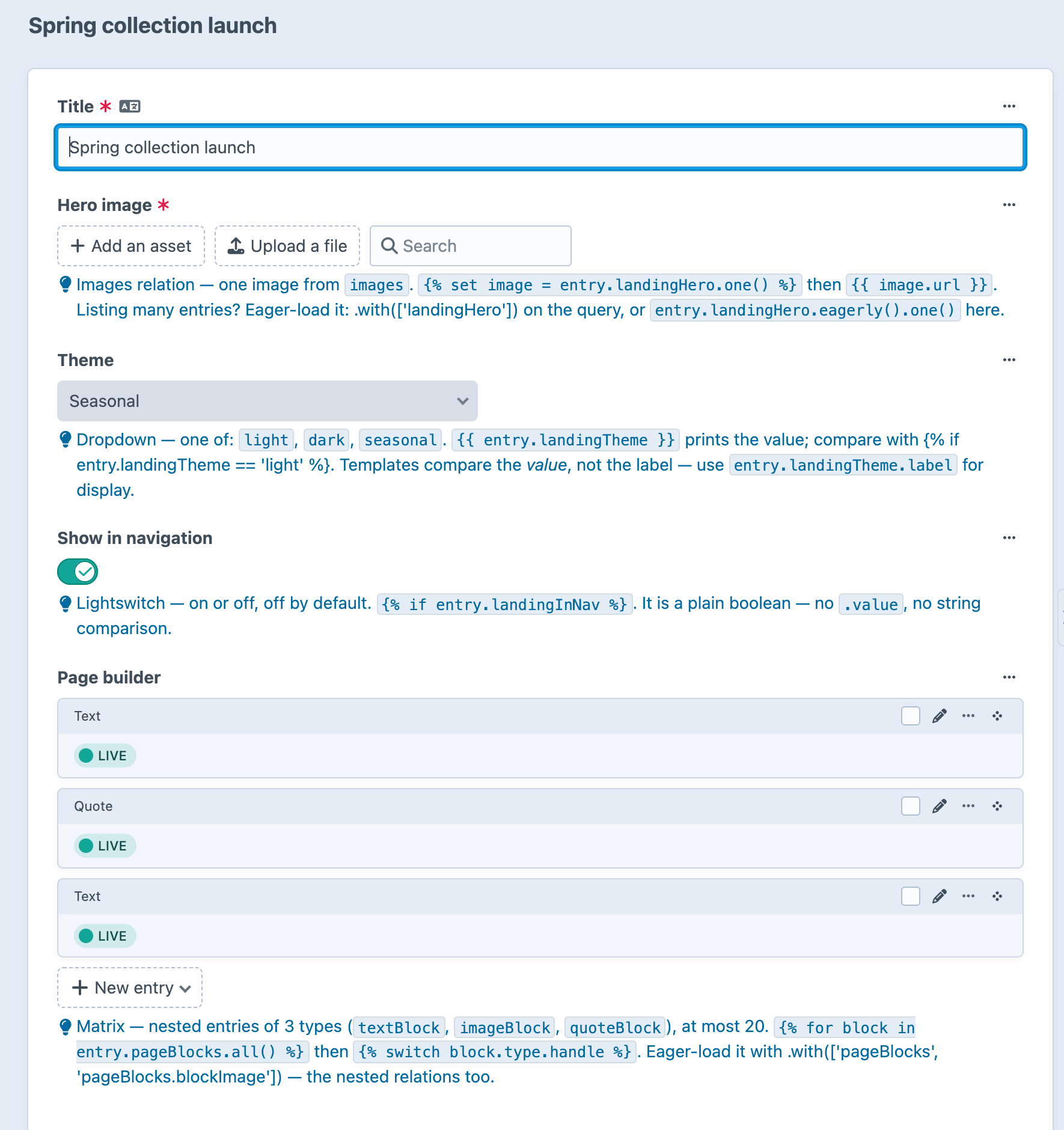 A Craft entry form for a landing page with Xplain's tips under each field: the hero image tip gives the one() call and eager-loading advice, the Theme dropdown tip lists the stored values light, dark and seasonal, the lightswitch tip shows an if test, and the page builder tip explains the Matrix loop and switch