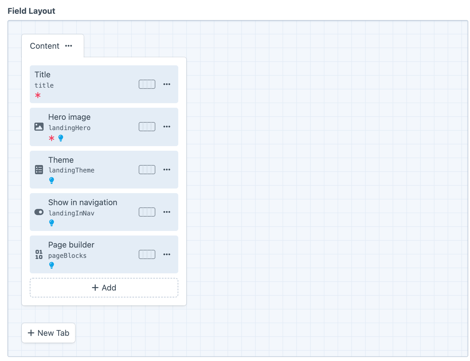 Craft's field layout designer with a lightbulb indicator under each of the hero image, theme, show in navigation and page builder fields, marking the tips Xplain wrote