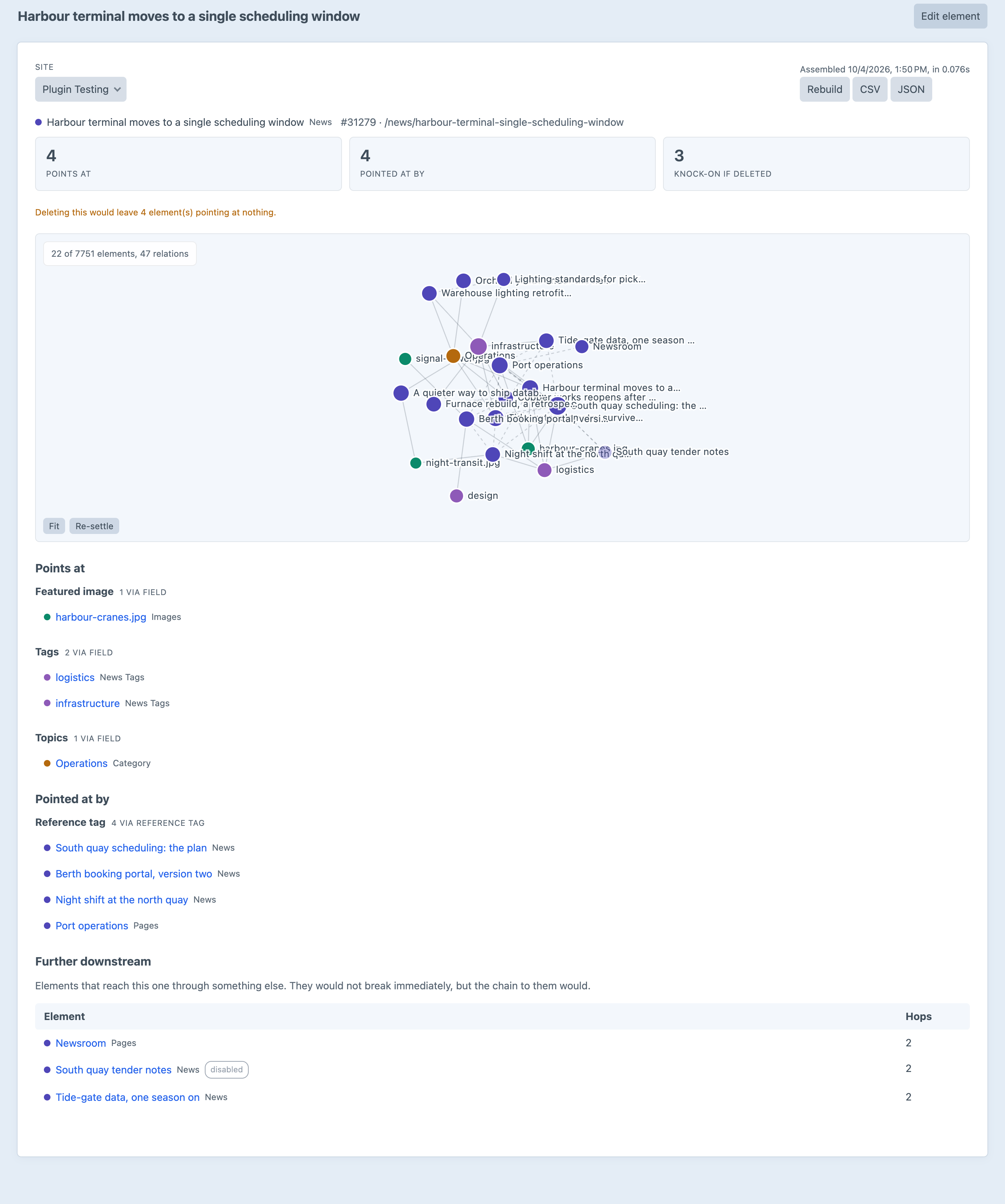 Yarn’s view of the entry “Harbour terminal moves to a single scheduling window”: four things it points at grouped by field, four entries pointing at it through reference tags, and three more two hops downstream that deleting it would affect