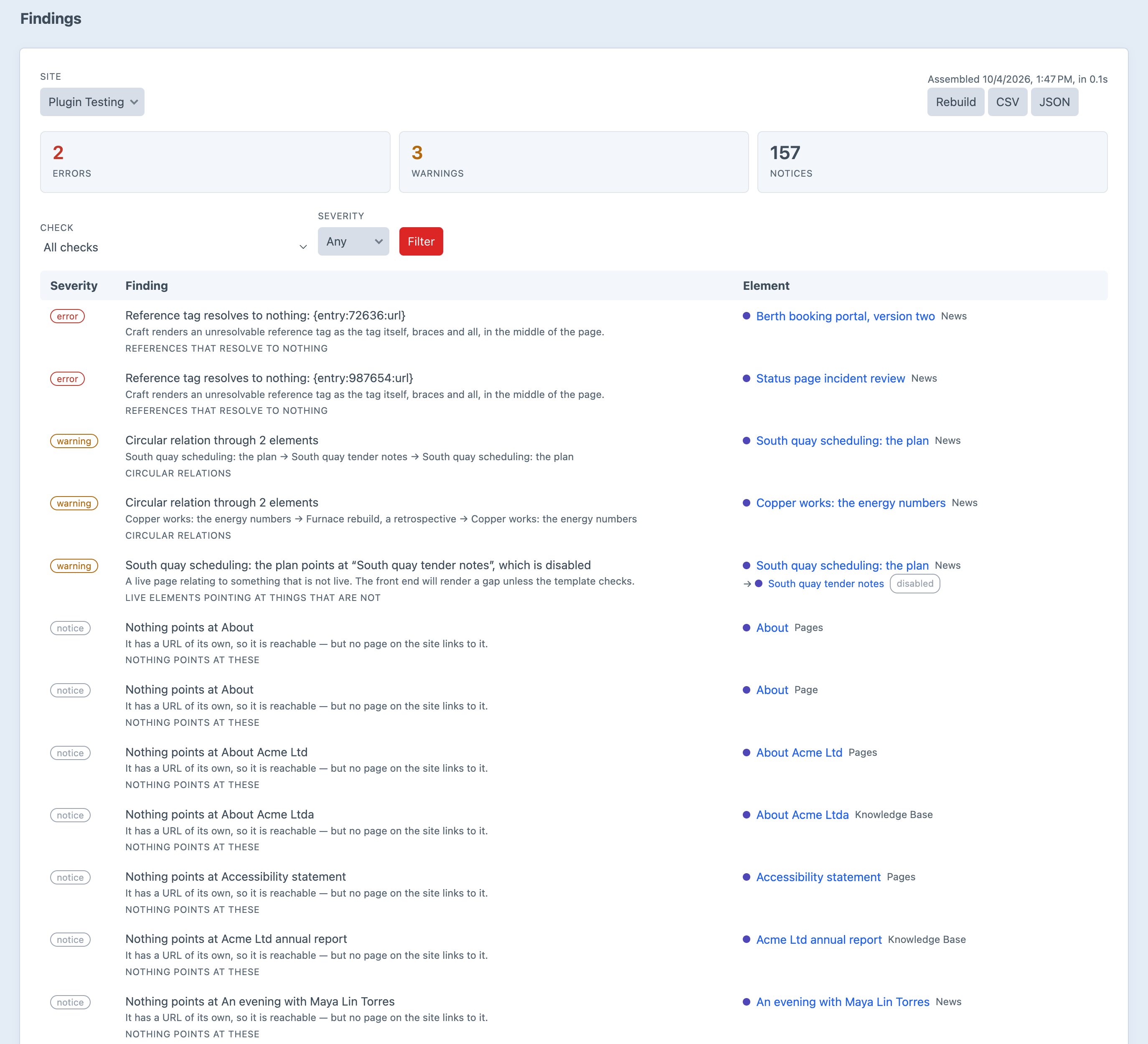 The Yarn findings screen with 2 errors, 3 warnings and 157 notices: two reference tags that resolve to nothing, two circular relations, a live entry pointing at a disabled one, then entries nothing points at, each with a sentence saying what to do