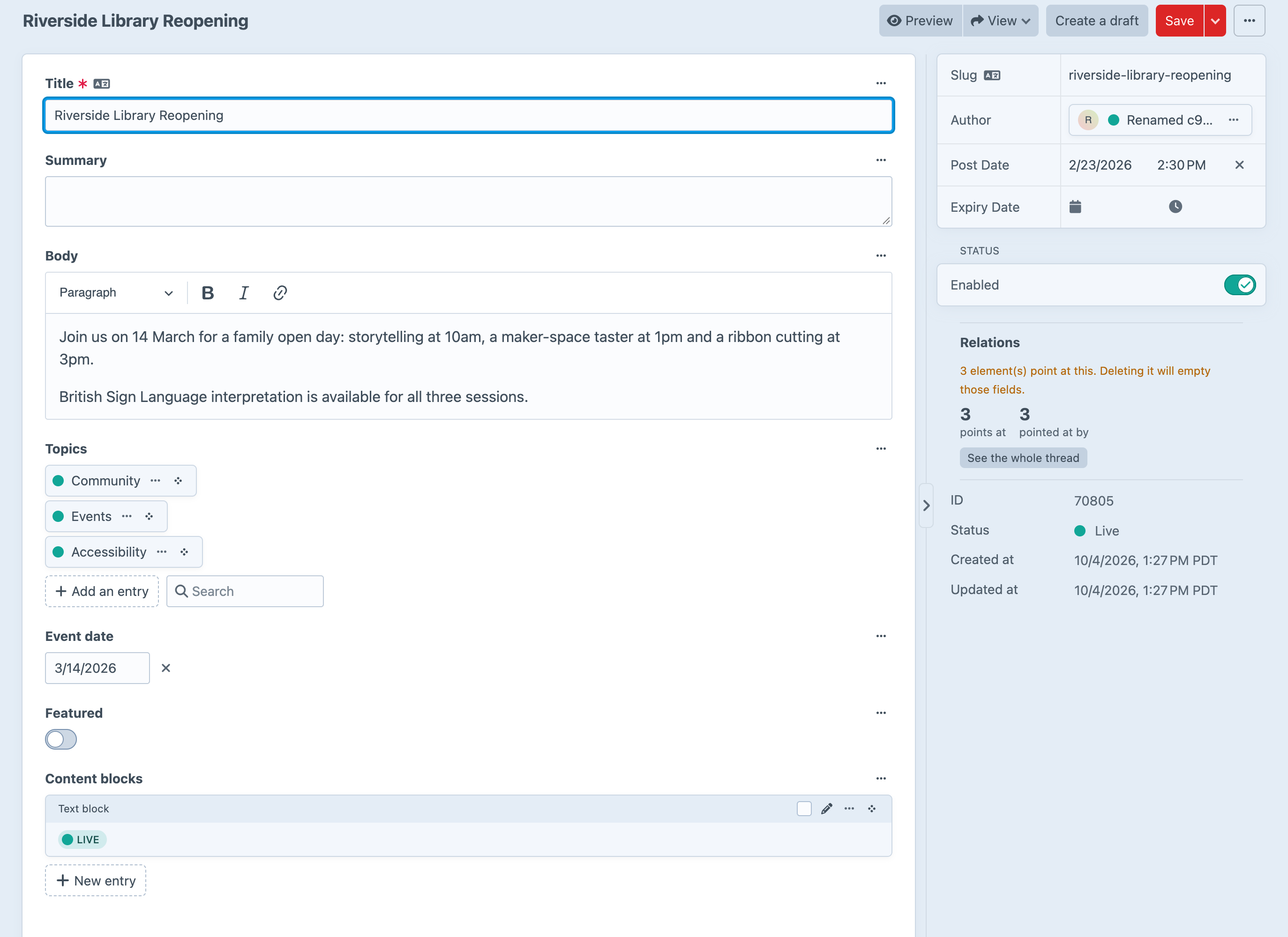 An entry edit screen in the Craft control panel with Yarn’s Relations panel in the sidebar, warning that 3 elements point at this entry and deleting it will empty those fields, with a button to see the whole thread