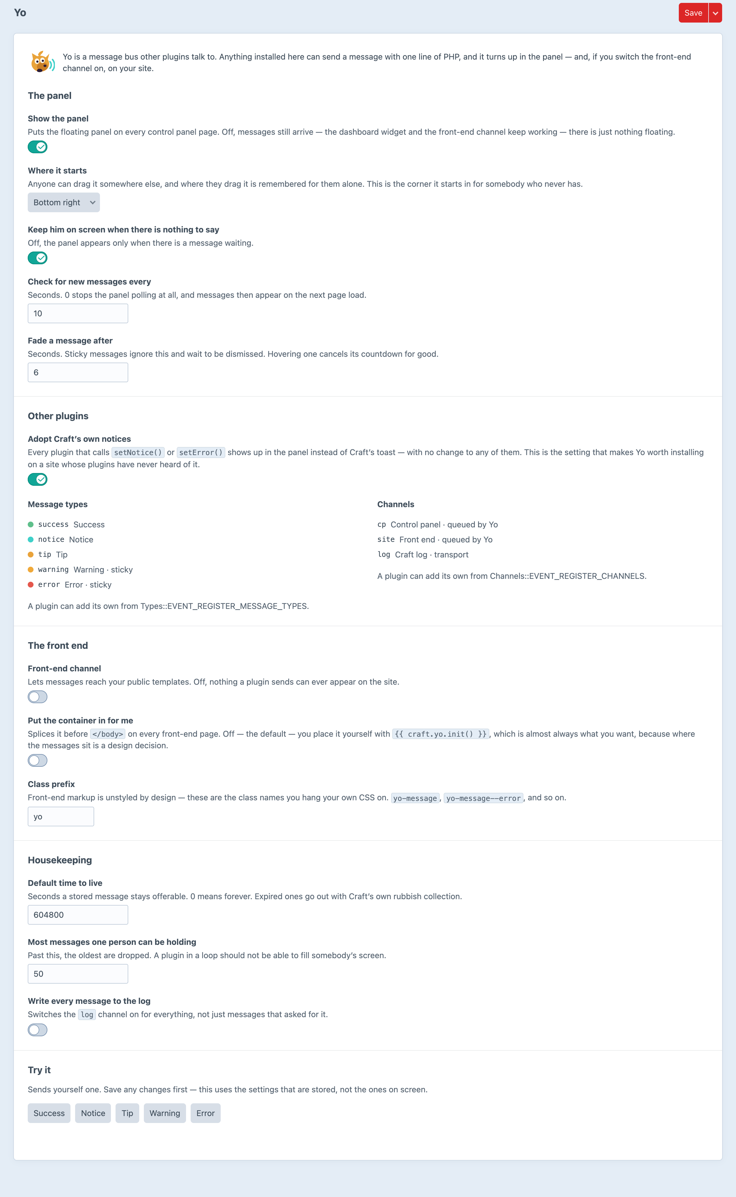 The Yo settings screen listing the registered message types and delivery channels alongside the panel and front-end options