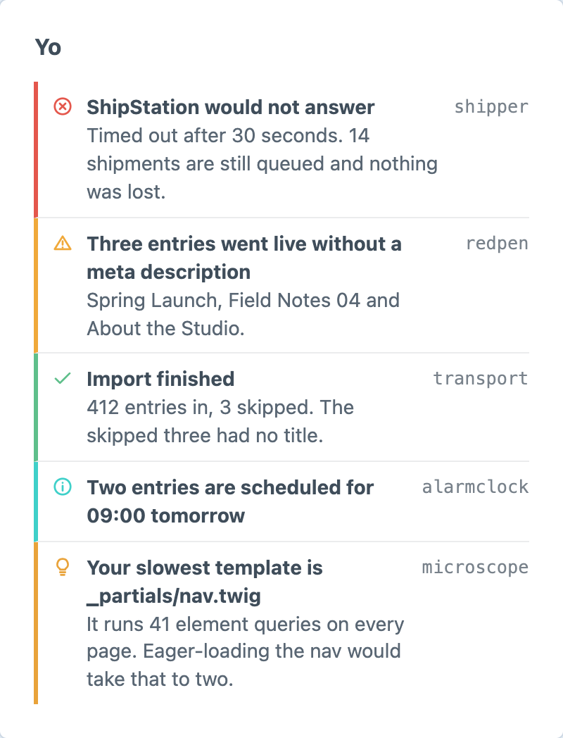 The Yo dashboard widget listing the messages waiting for this person, each labelled with the plugin that sent it